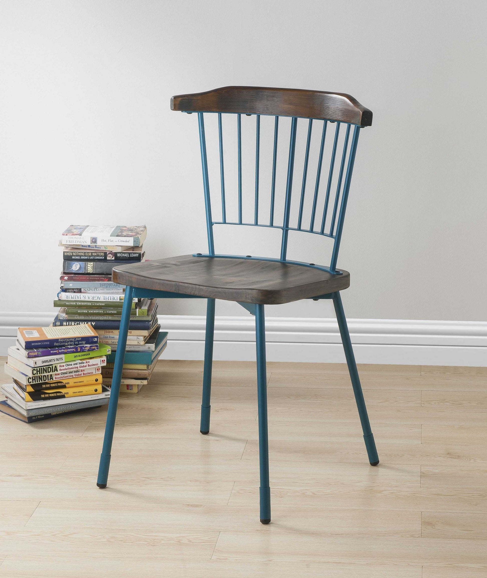 Set of Two Brown And Teal Blue Wood Windsor Back Dining Side Chairs-Dining Chairs-DECOROLALA
