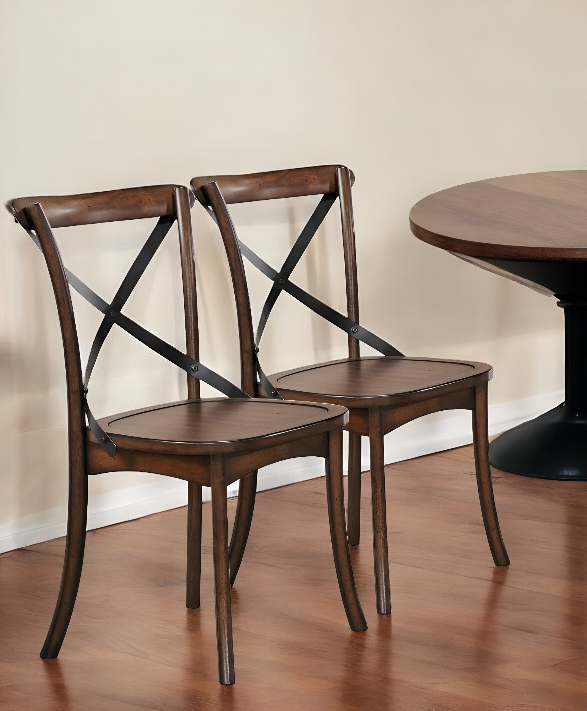 Set of Two Brown Cross Back Dining Side Chairs-Dining Chairs-DECOROLALA