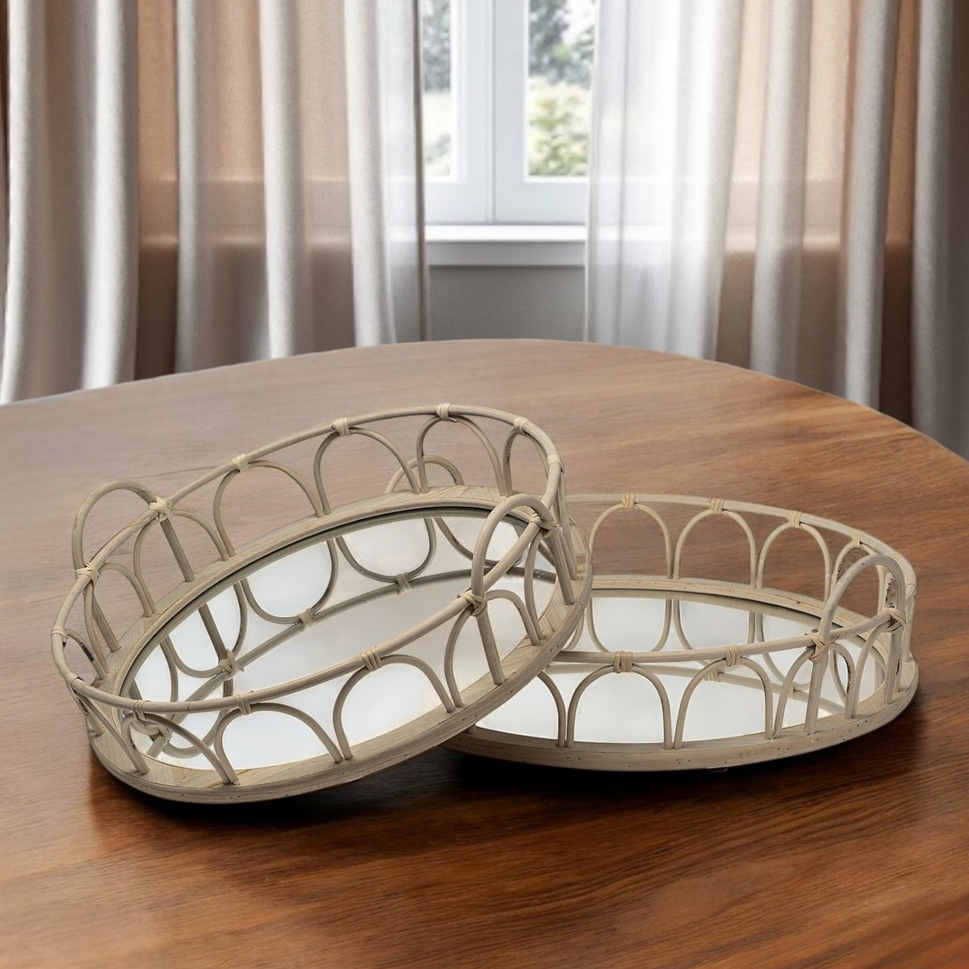 Set of Two Brown Round Wood Indoor Outdoor Vanity Tray With Handles-Trays-DECOROLALA