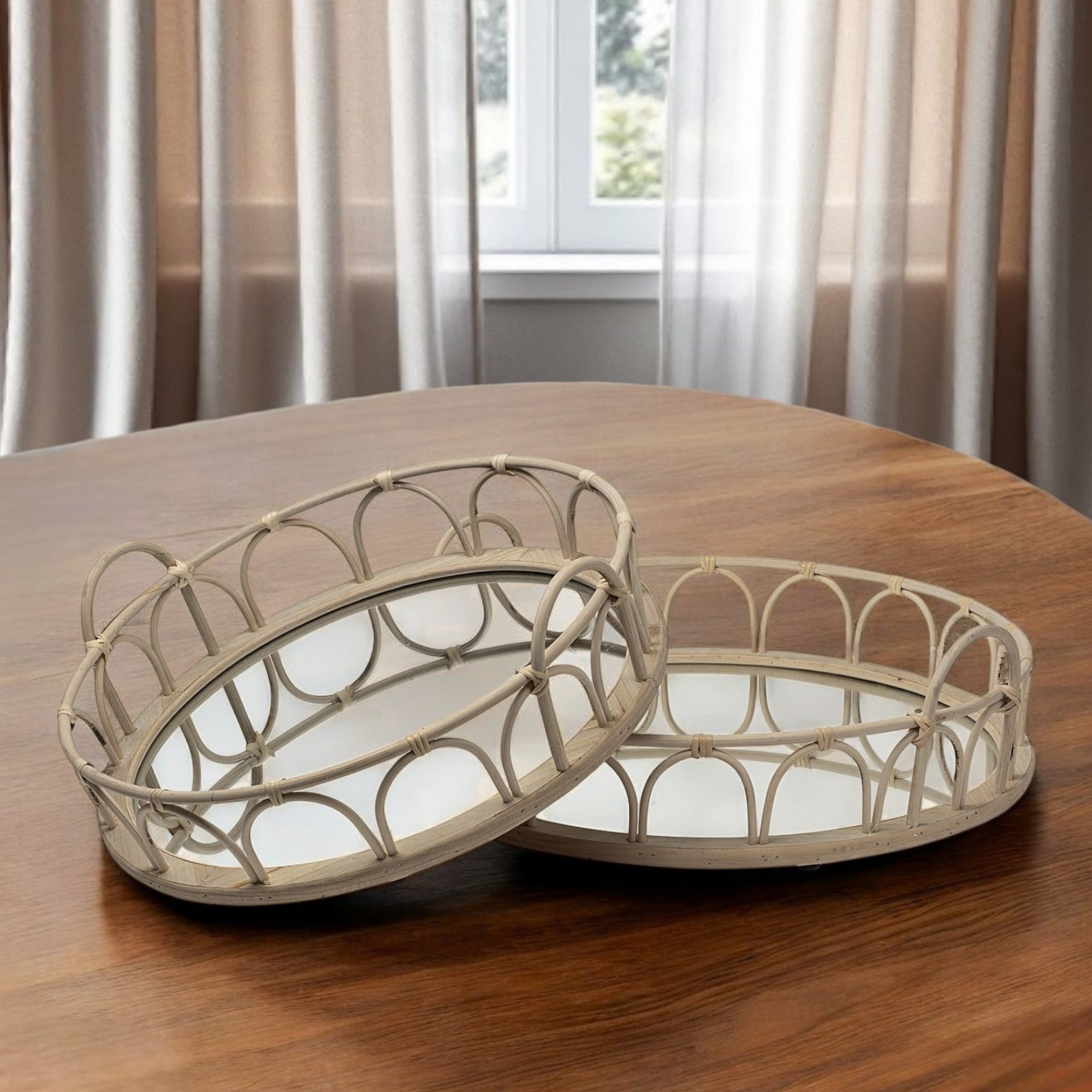 Set of Two Brown Round Wood Indoor Outdoor Vanity Tray With Handles-Trays-DECOROLALA