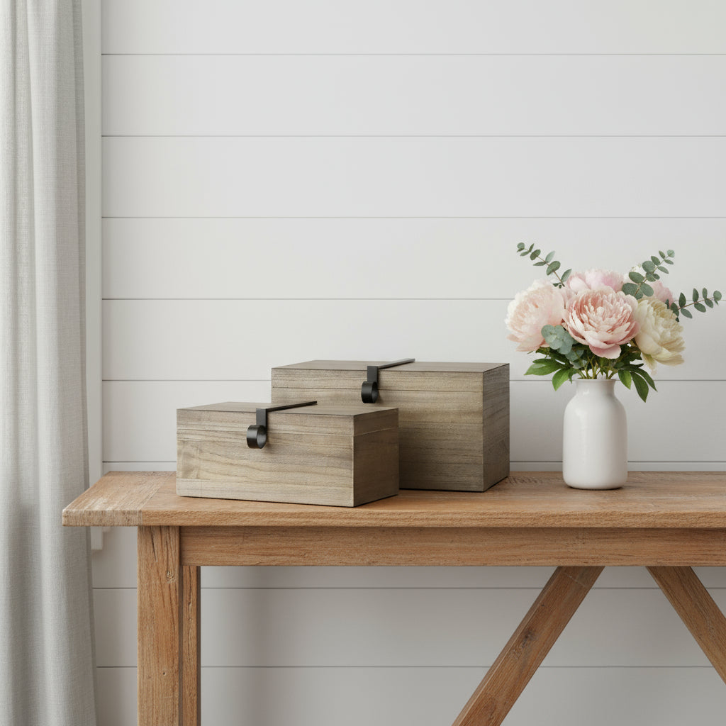 Set of Two Brown Solid Wood Box With Lid-Organizers-DECOROLALA