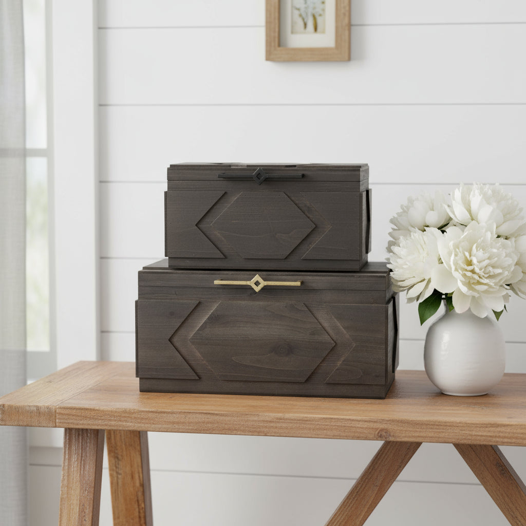 Set of Two Brown Solid Wood Box With Lid-Organizers-DECOROLALA
