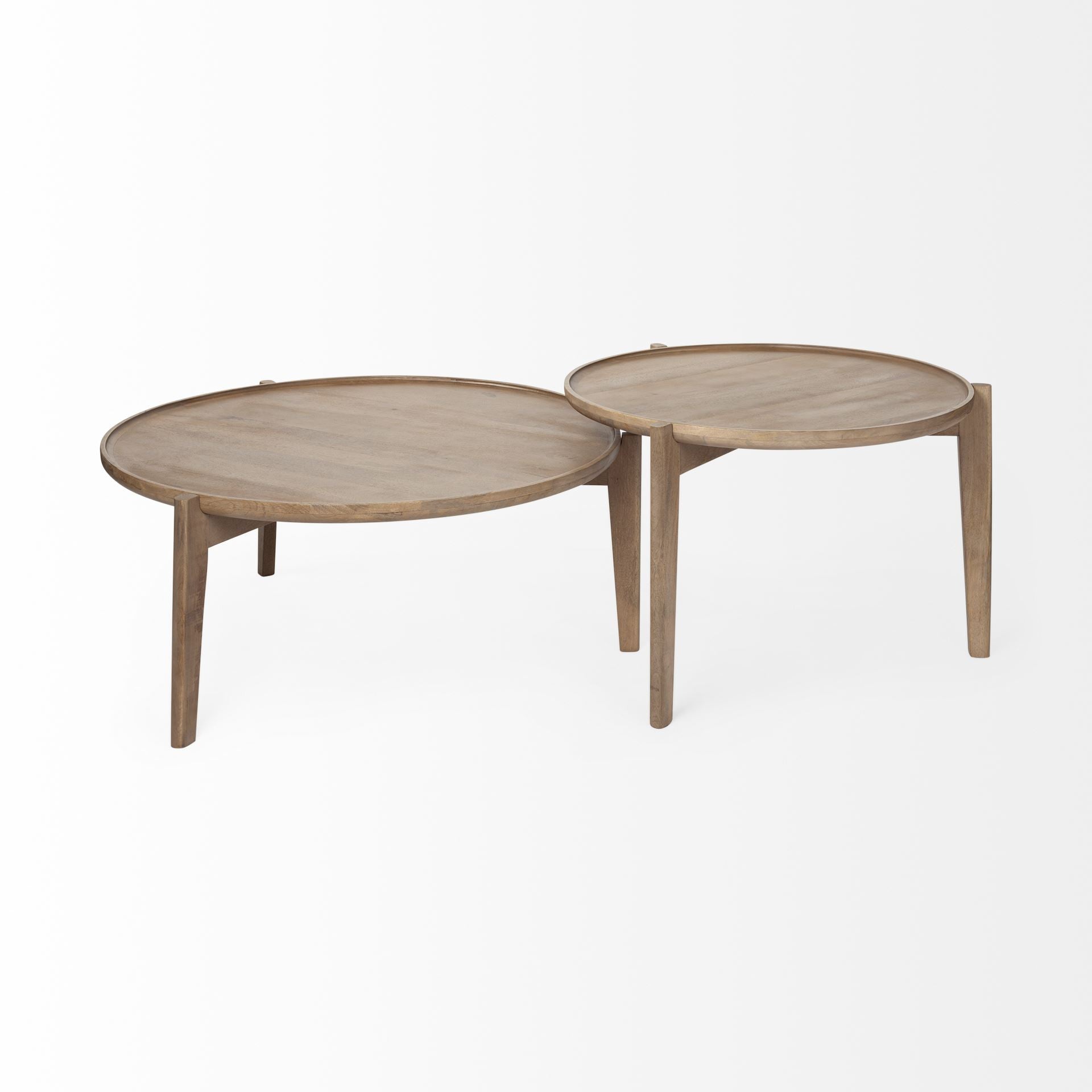 Set of Two Brown Solid Wood Round Nested Coffee Tables-Coffee Tables-DECOROLALA