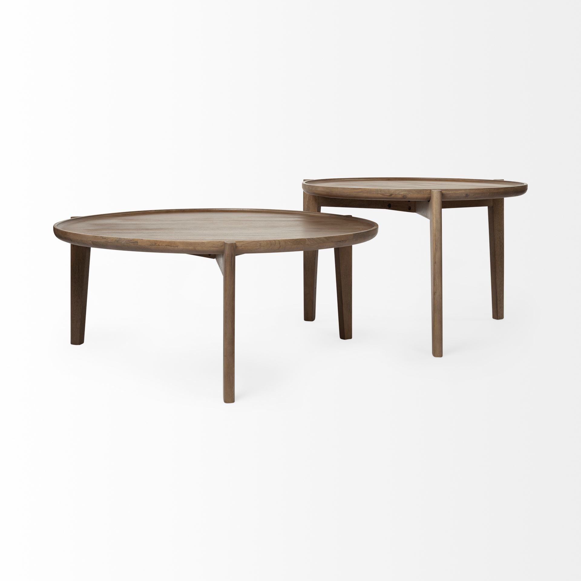 Set of Two Brown Solid Wood Round Nested Coffee Tables-Coffee Tables-DECOROLALA