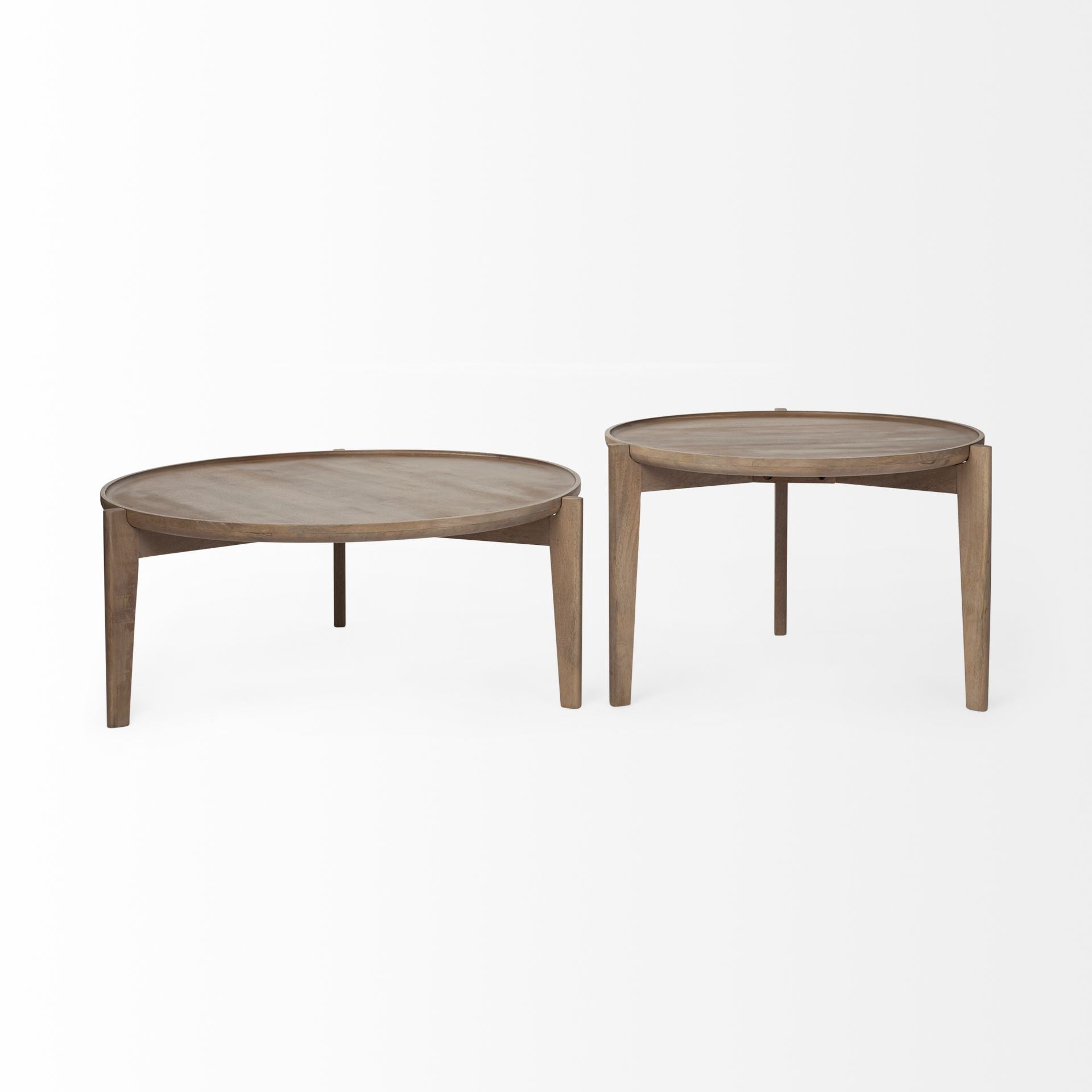 Set of Two Brown Solid Wood Round Nested Coffee Tables-Coffee Tables-DECOROLALA