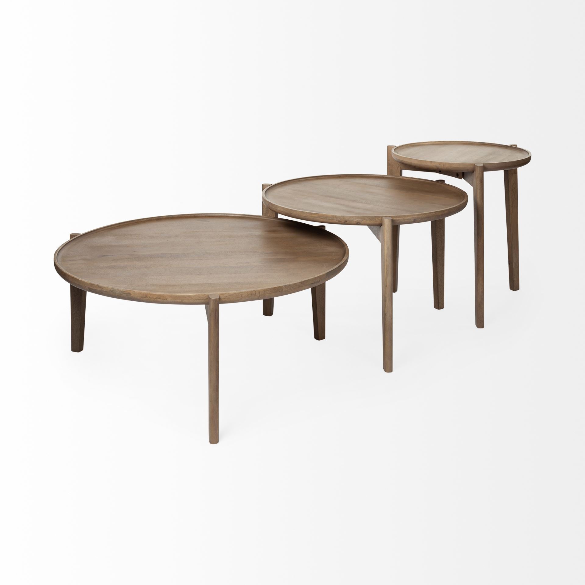 Set of Two Brown Solid Wood Round Nested Coffee Tables-Coffee Tables-DECOROLALA