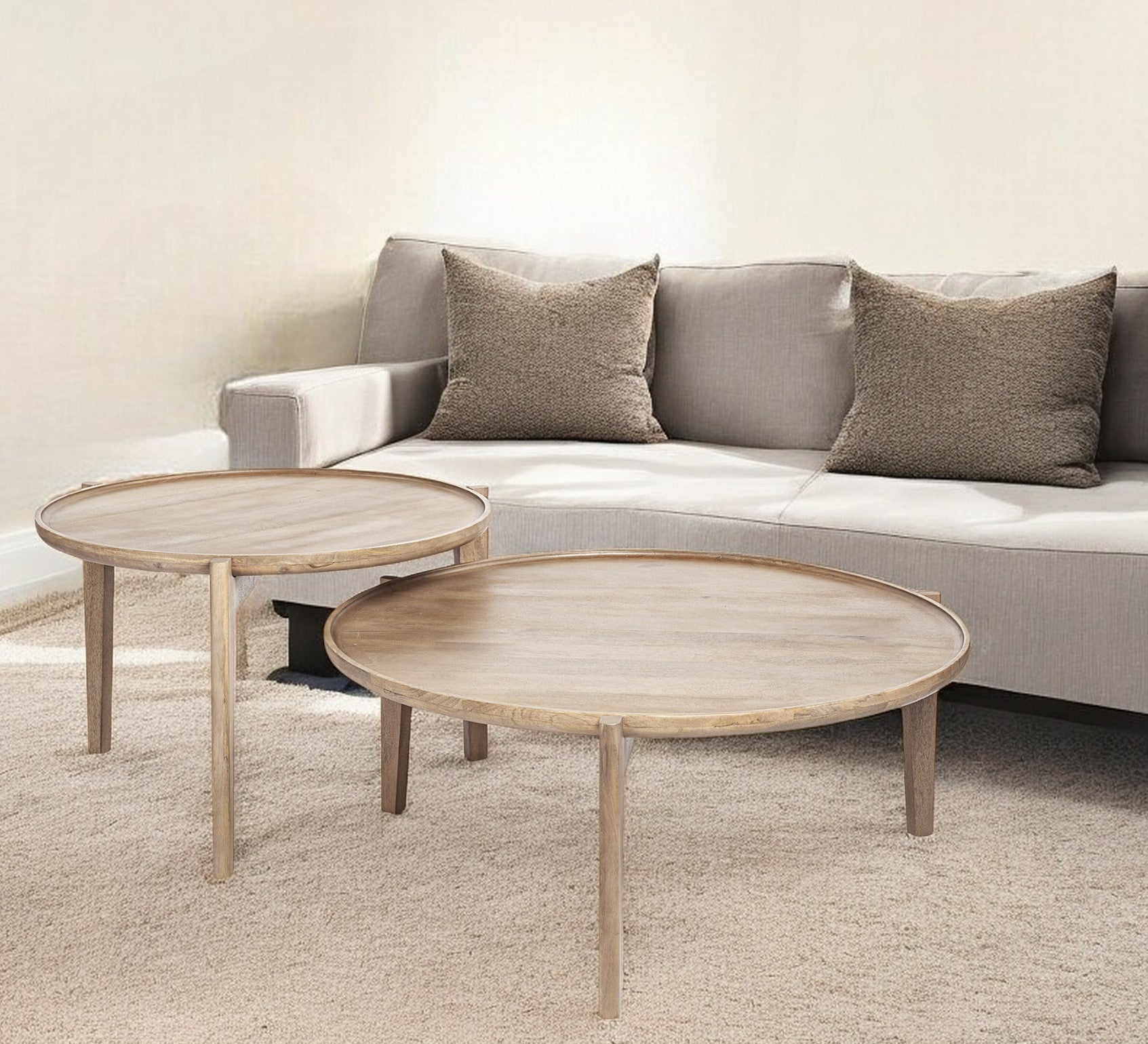 Set of Two Brown Solid Wood Round Nested Coffee Tables-Coffee Tables-DECOROLALA