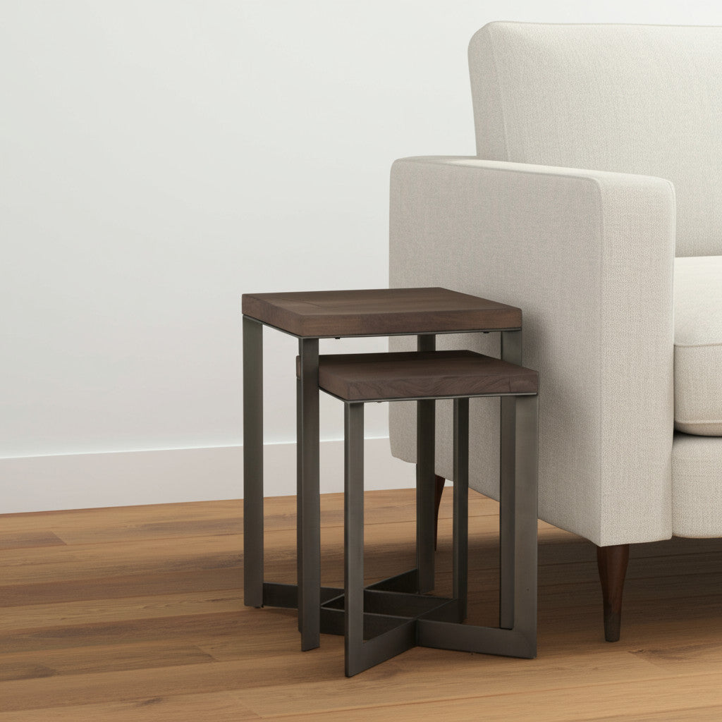 Set of Two Brown Solid Wood and Metal Square Cross Legs Nested Tables-End-Side Tables-DECOROLALA