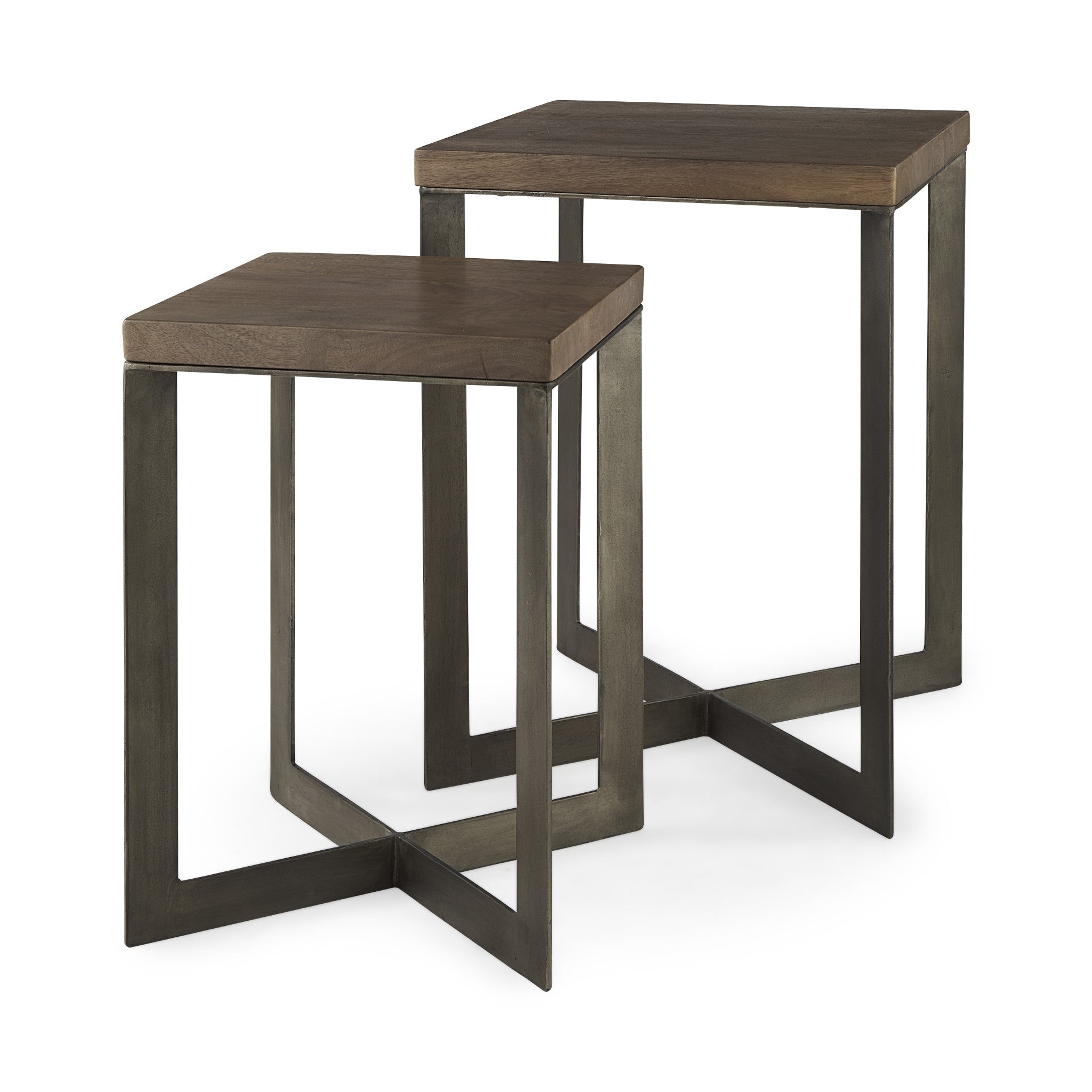 Set of Two Brown Solid Wood and Metal Square Cross Legs Nested Tables-End-Side Tables-DECOROLALA
