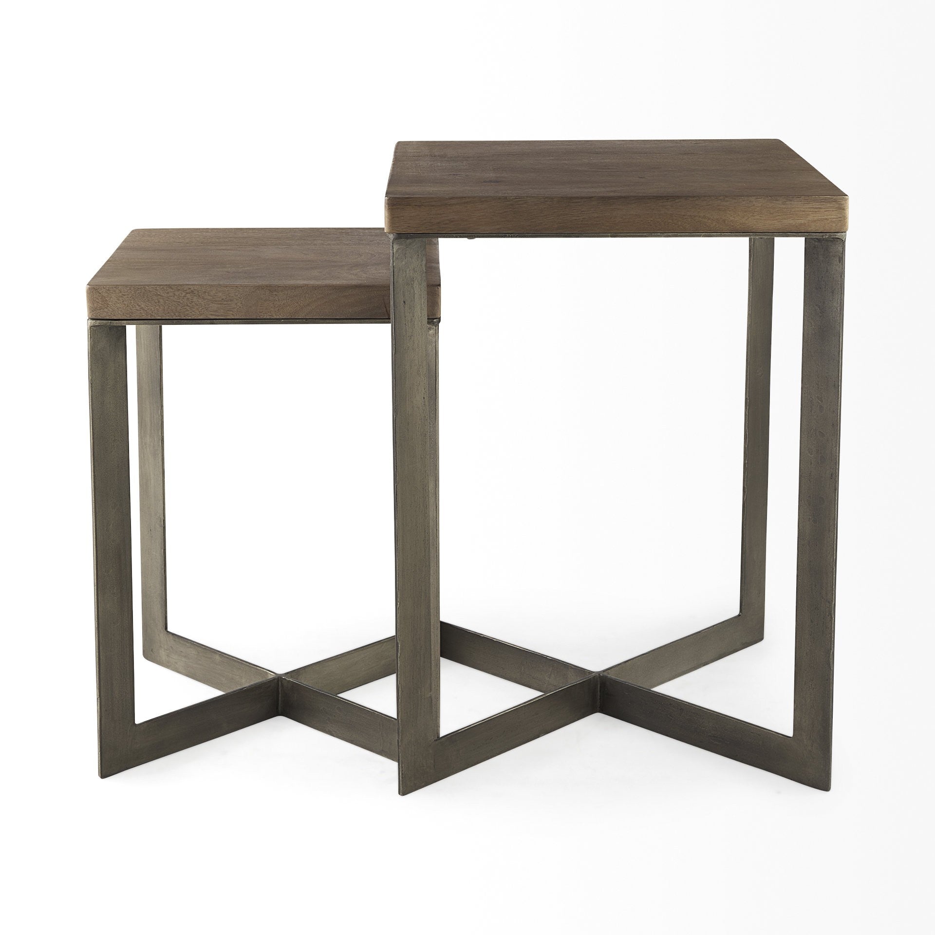 Set of Two Brown Solid Wood and Metal Square Cross Legs Nested Tables-End-Side Tables-DECOROLALA