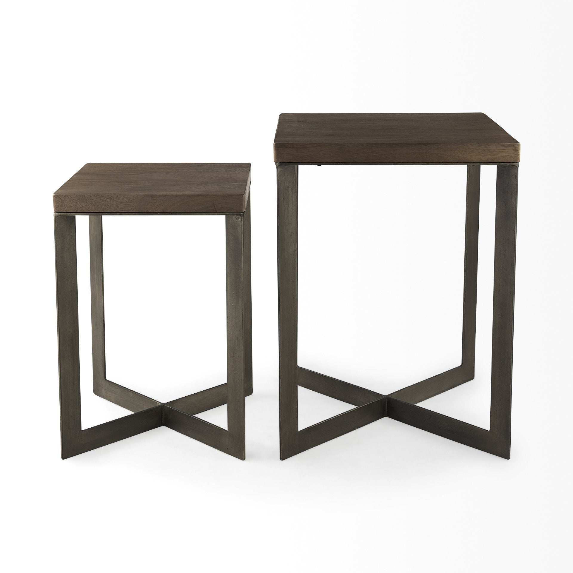 Set of Two Brown Solid Wood and Metal Square Cross Legs Nested Tables-End-Side Tables-DECOROLALA