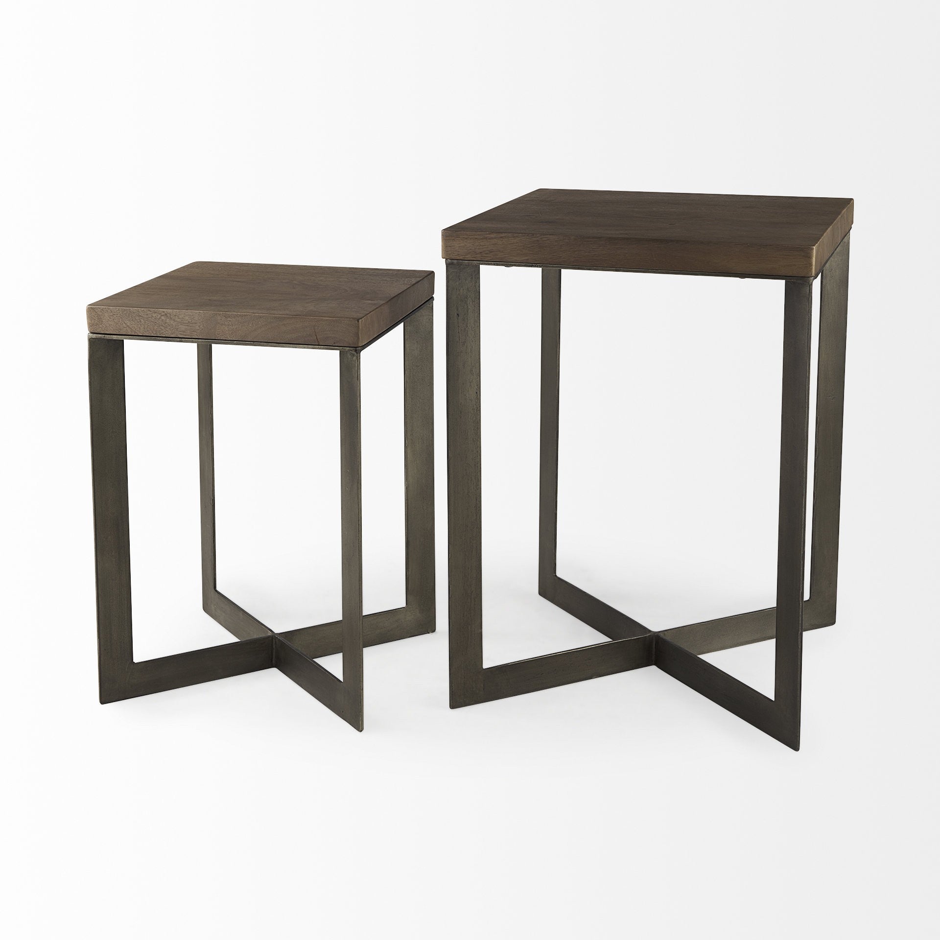 Set of Two Brown Solid Wood and Metal Square Cross Legs Nested Tables-End-Side Tables-DECOROLALA