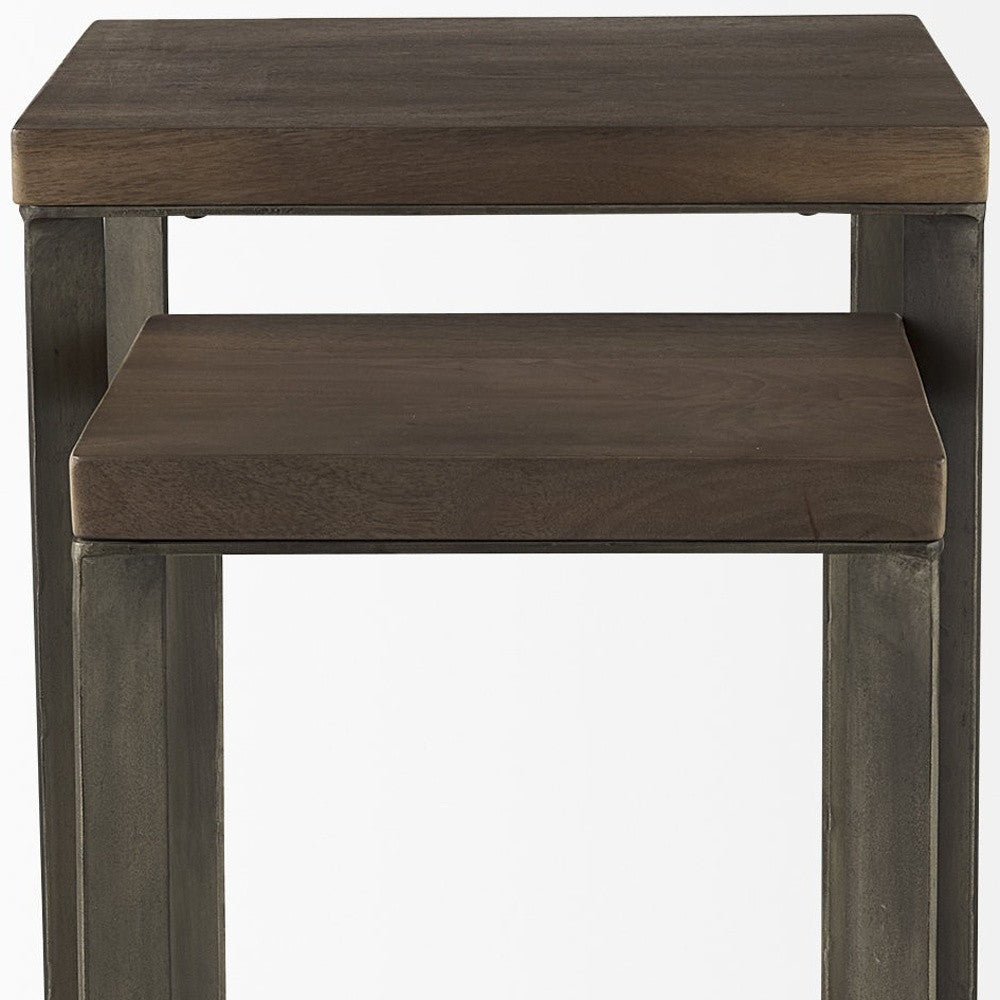 Set of Two Brown Solid Wood and Metal Square Cross Legs Nested Tables-End-Side Tables-DECOROLALA