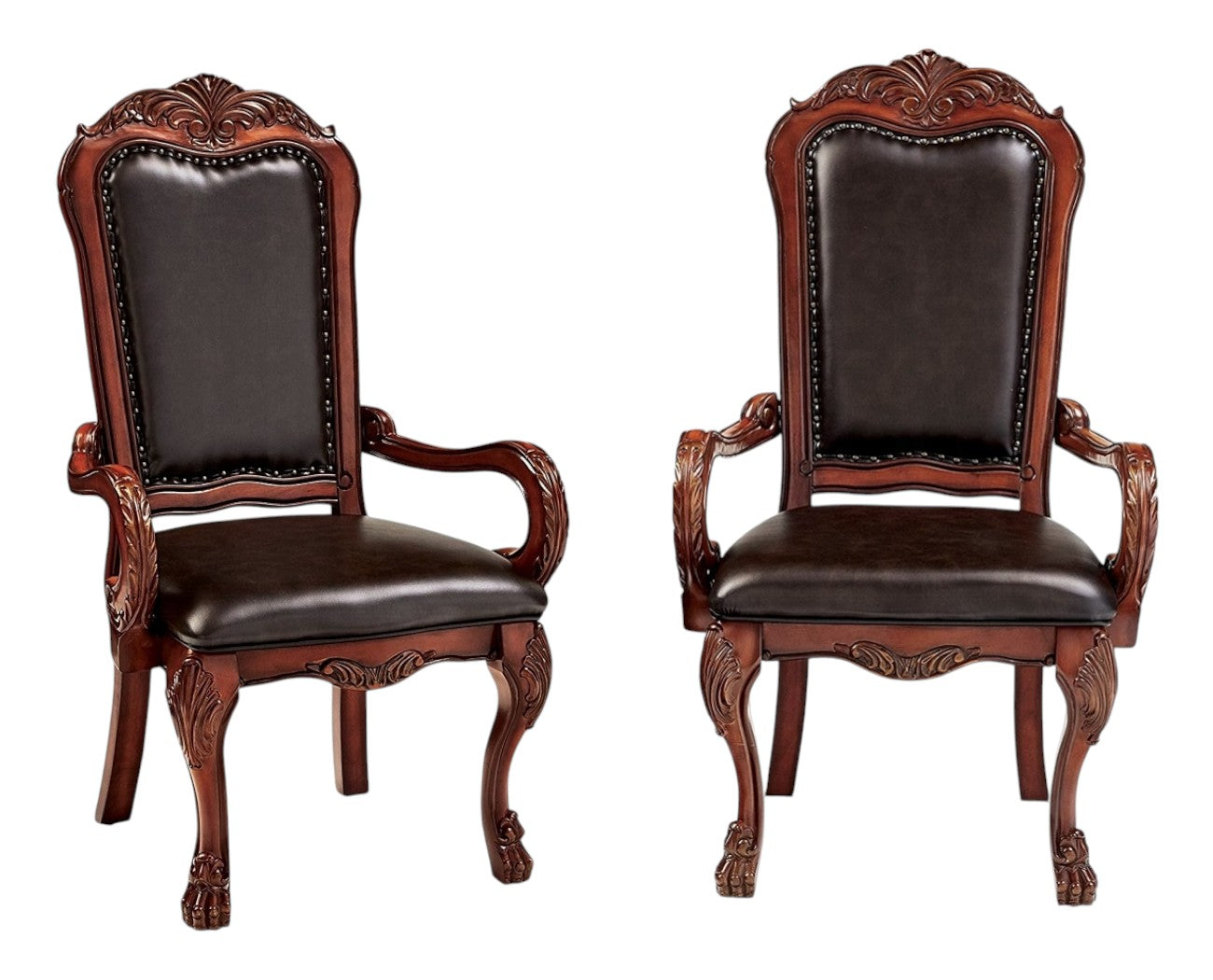 Set of Two Brown Upholstered Faux Leather Queen Anne Back Dining Arm Chairs-Dining Chairs-DECOROLALA