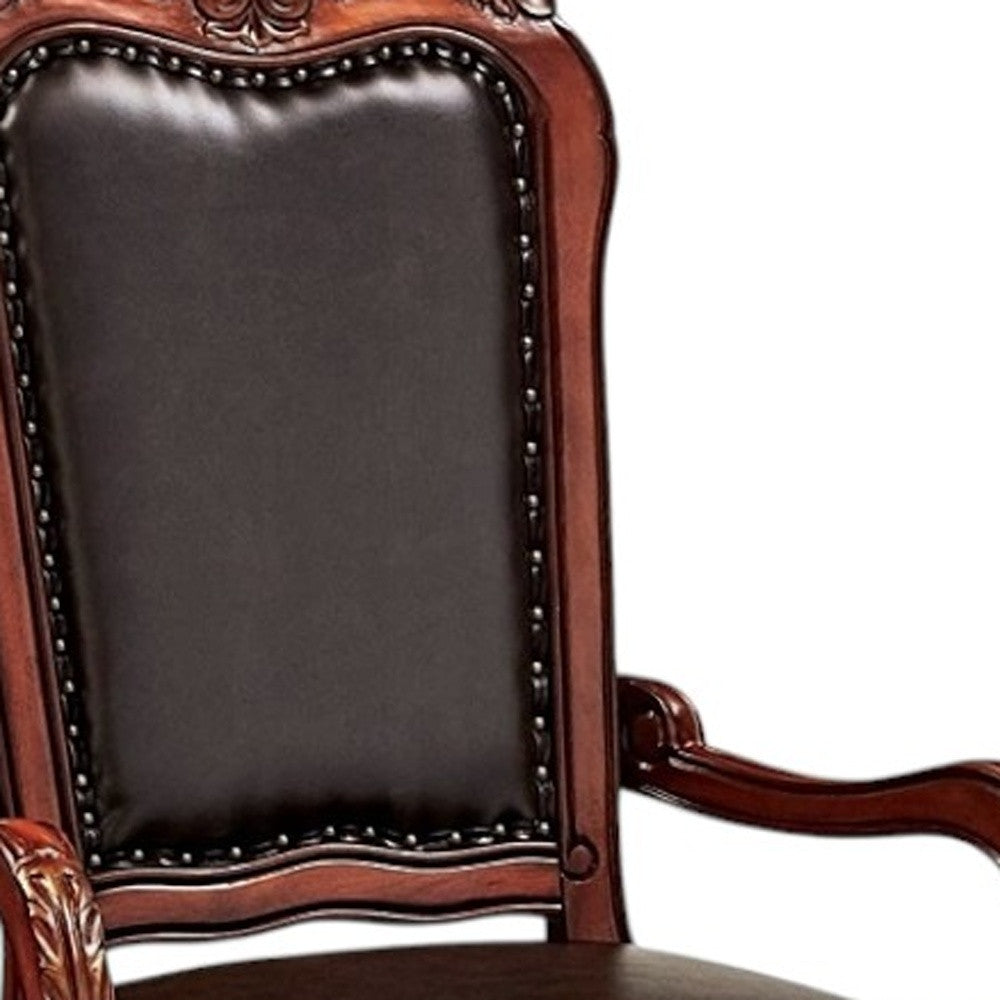 Set of Two Brown Upholstered Faux Leather Queen Anne Back Dining Arm Chairs-Dining Chairs-DECOROLALA