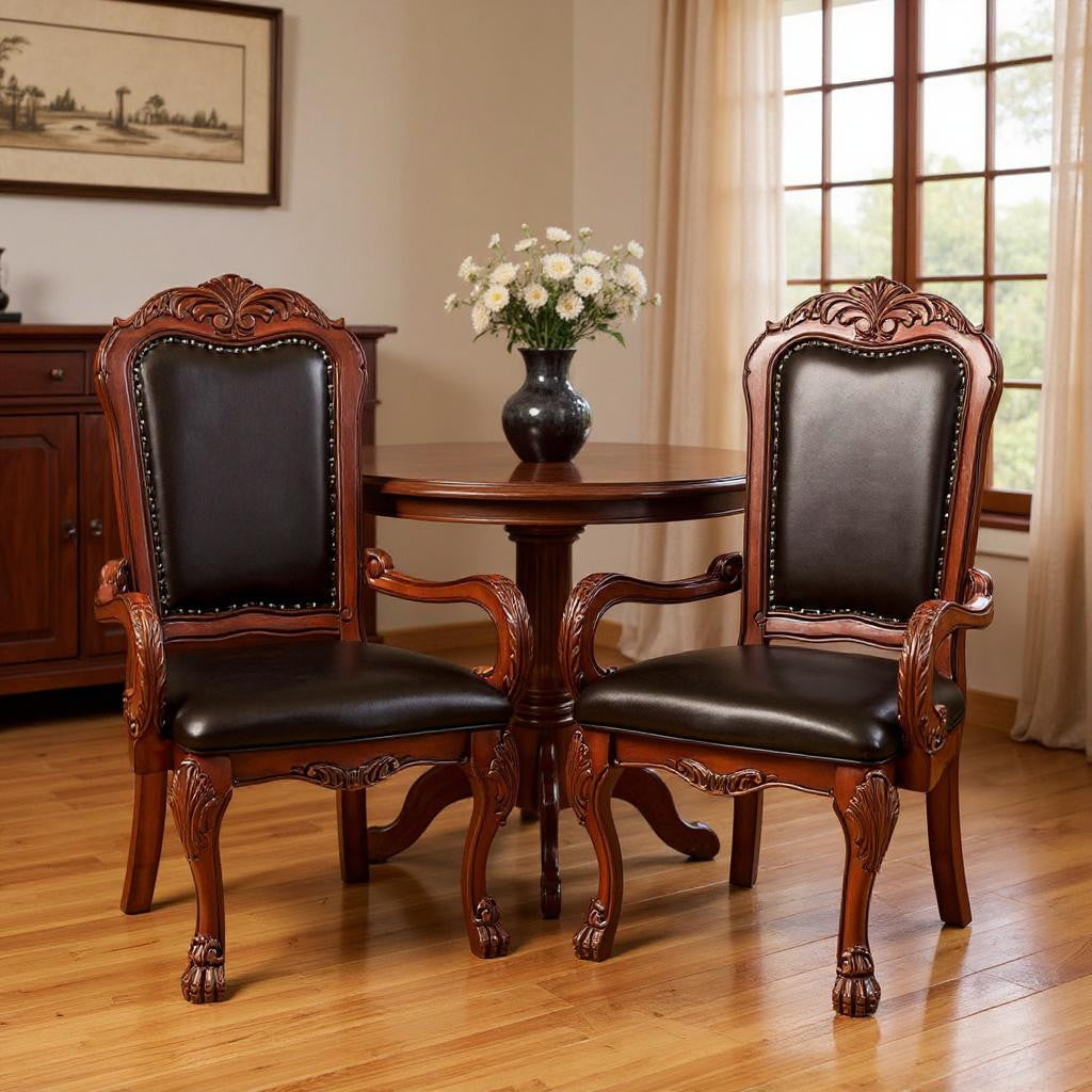 Set of Two Brown Upholstered Faux Leather Queen Anne Back Dining Arm Chairs-Dining Chairs-DECOROLALA