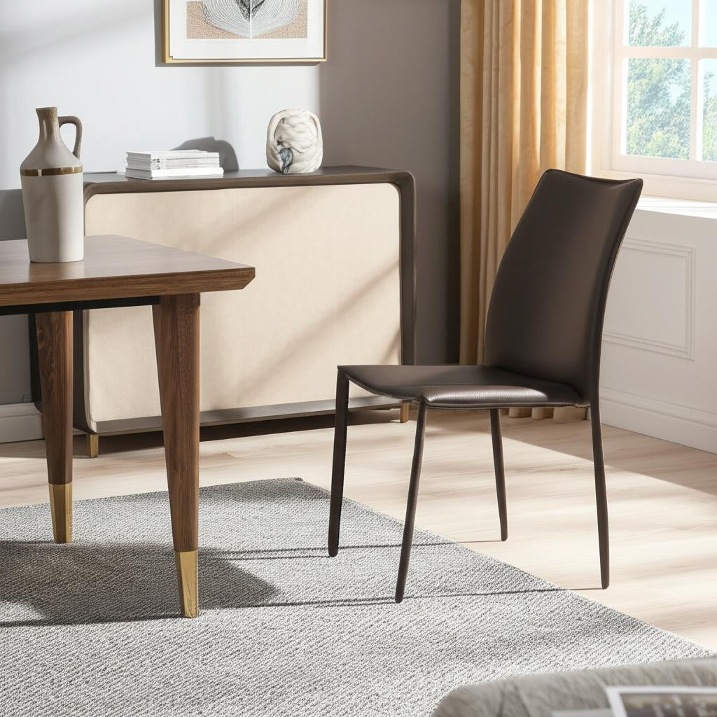 Set of Two Brown Upholstered Leather Dining Side Chairs-Dining Chairs-DECOROLALA