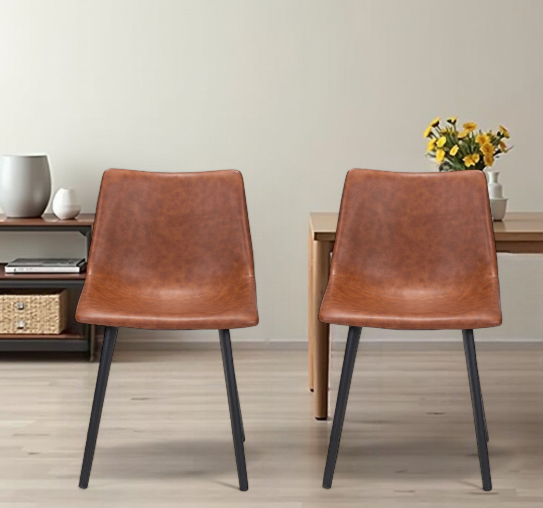 Set of Two Brown Vintage Look Faux Leather Slight Scoop Dining Chairs-Dining Chairs-DECOROLALA