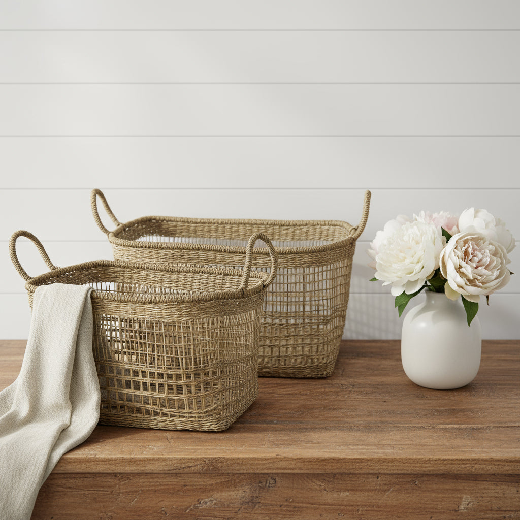 Set of Two Brown Wicker Basket-Organizers-DECOROLALA