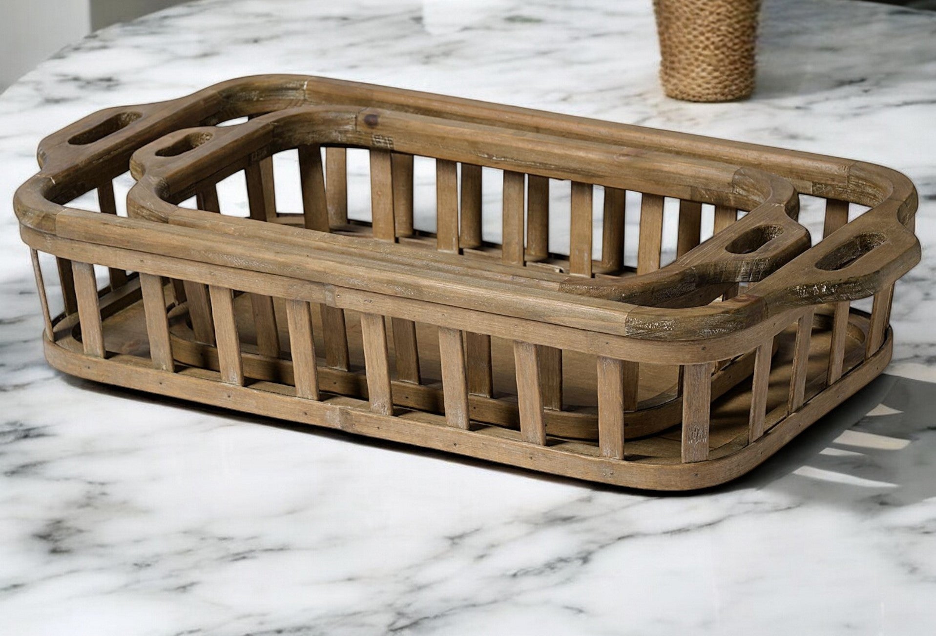 Set of Two Brown Wood Indoor Outdoor Tray With Handles-Trays-DECOROLALA