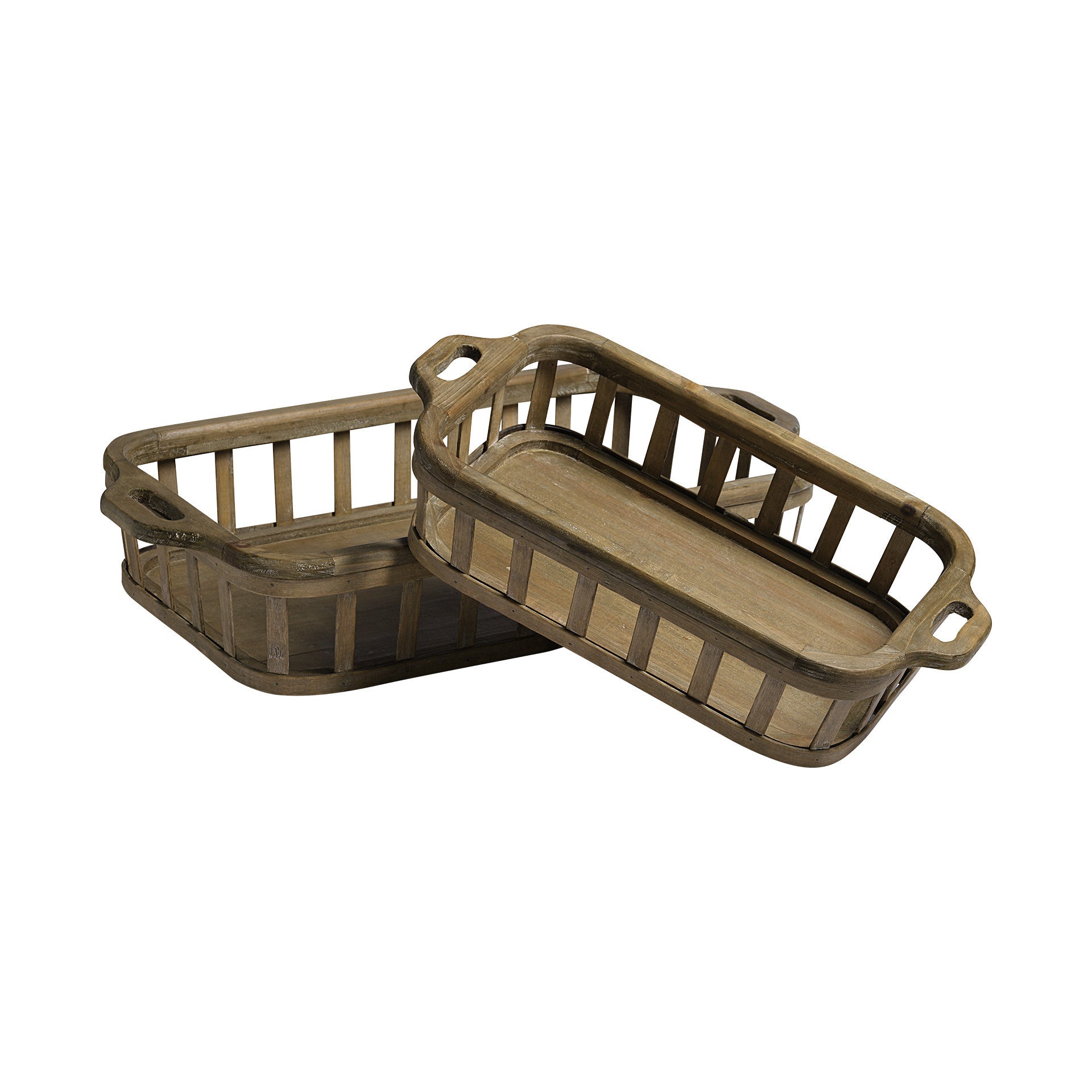 Set of Two Brown Wood Indoor Outdoor Tray With Handles-Trays-DECOROLALA