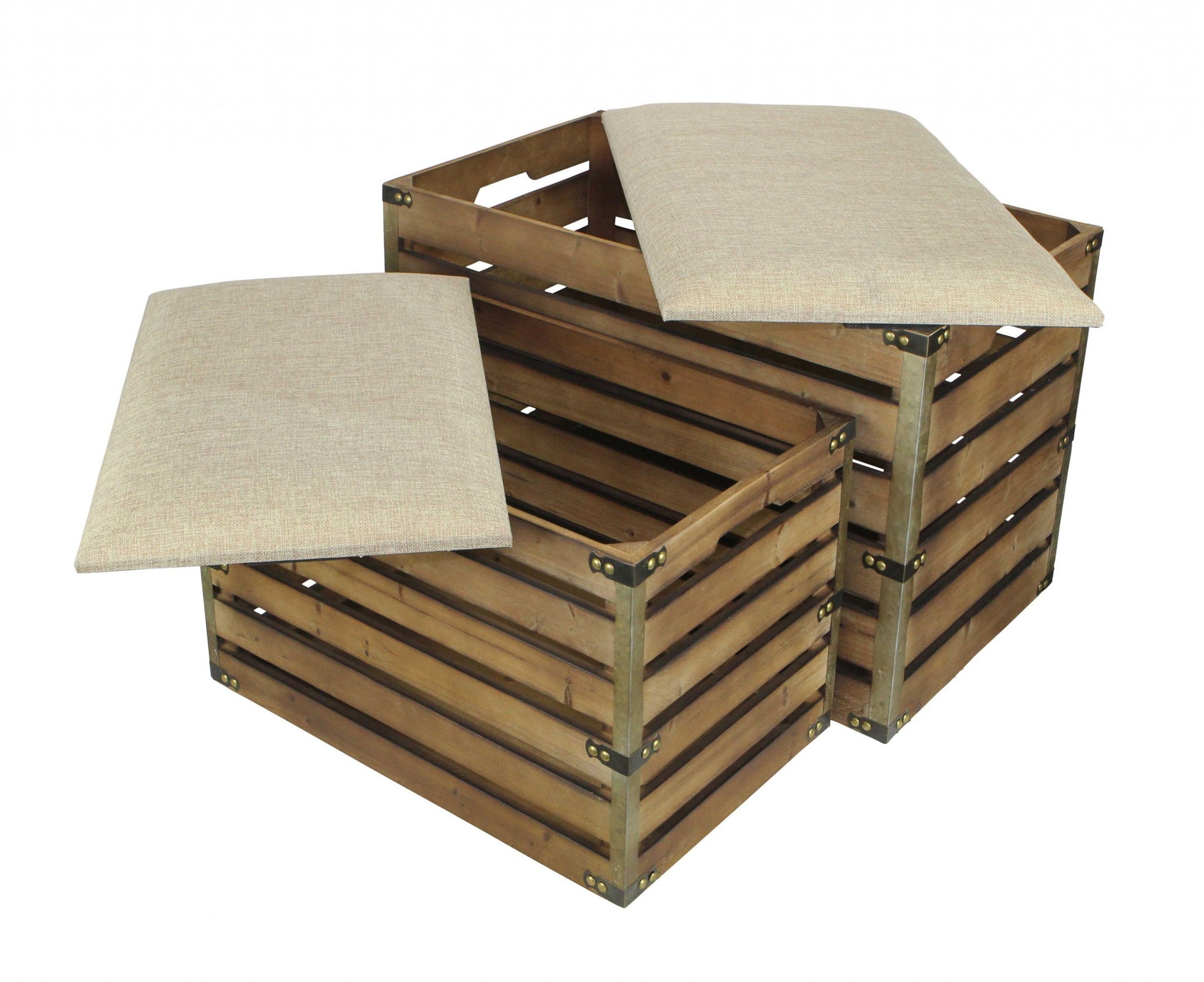 Set of Two Brown Wood Slat and Upholstery Storage Benches With Flip Top-Benches-DECOROLALA