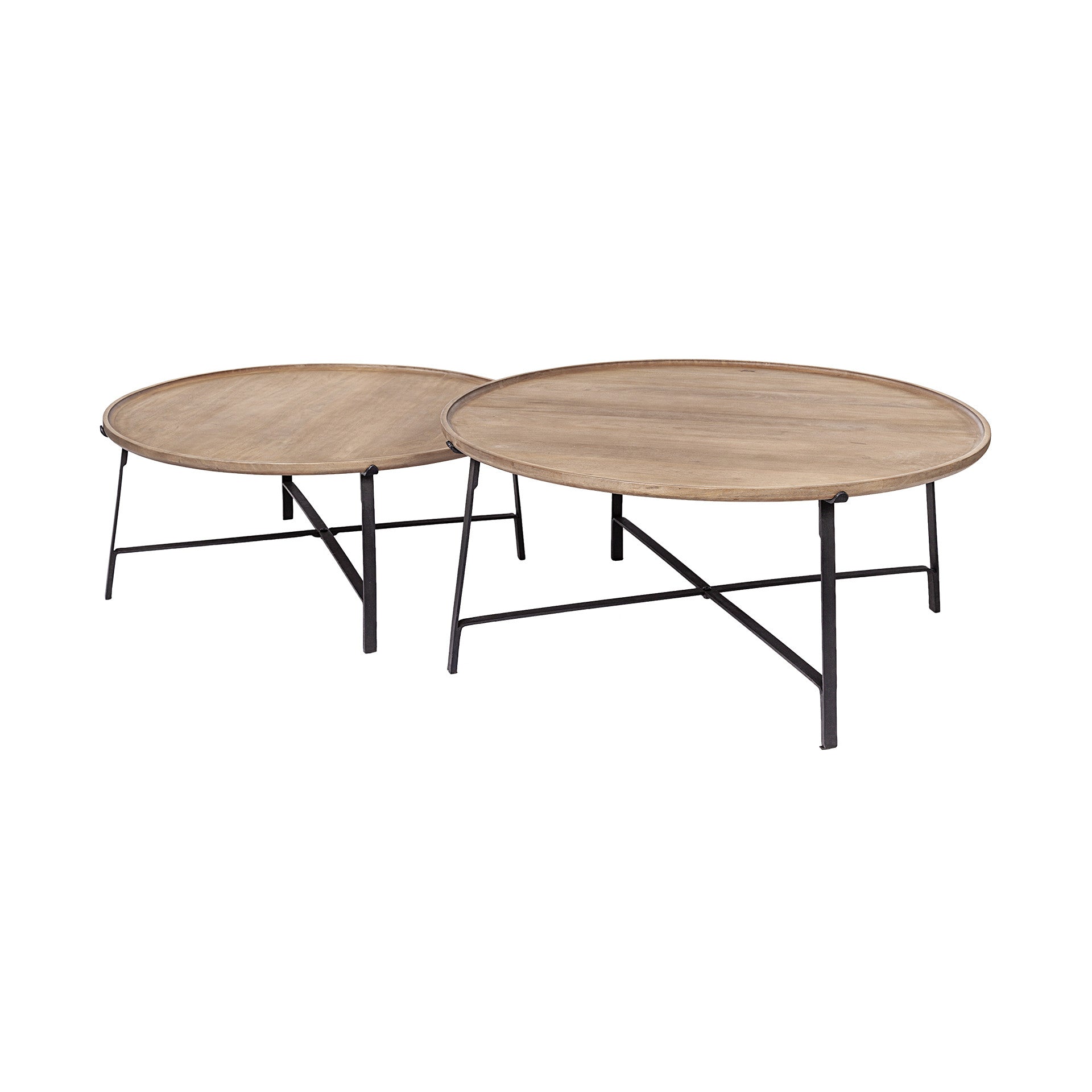 Set of Two Brown and Black Solid Wood and Iron Round Nested Coffee Tables-Coffee Tables-DECOROLALA