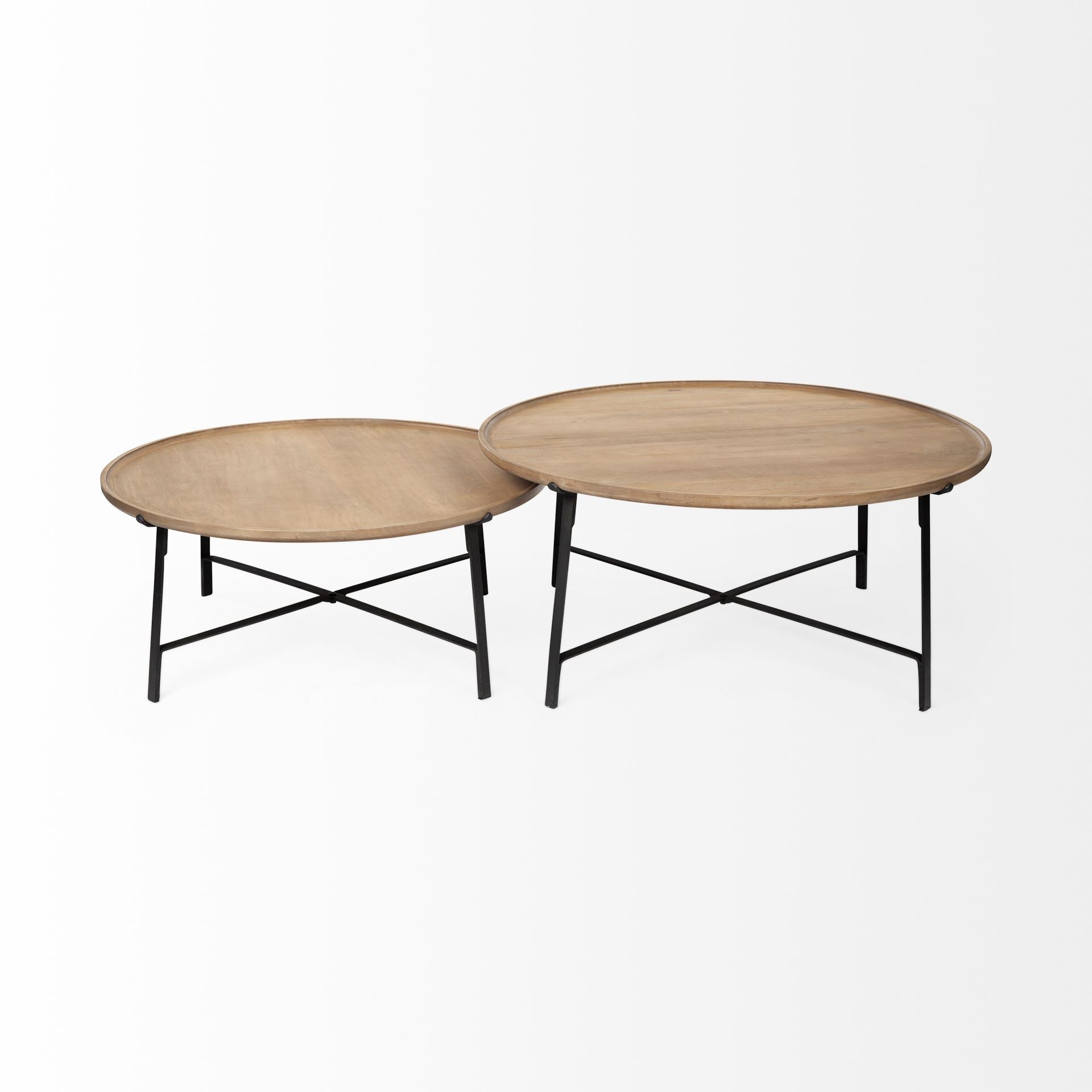 Set of Two Brown and Black Solid Wood and Iron Round Nested Coffee Tables-Coffee Tables-DECOROLALA