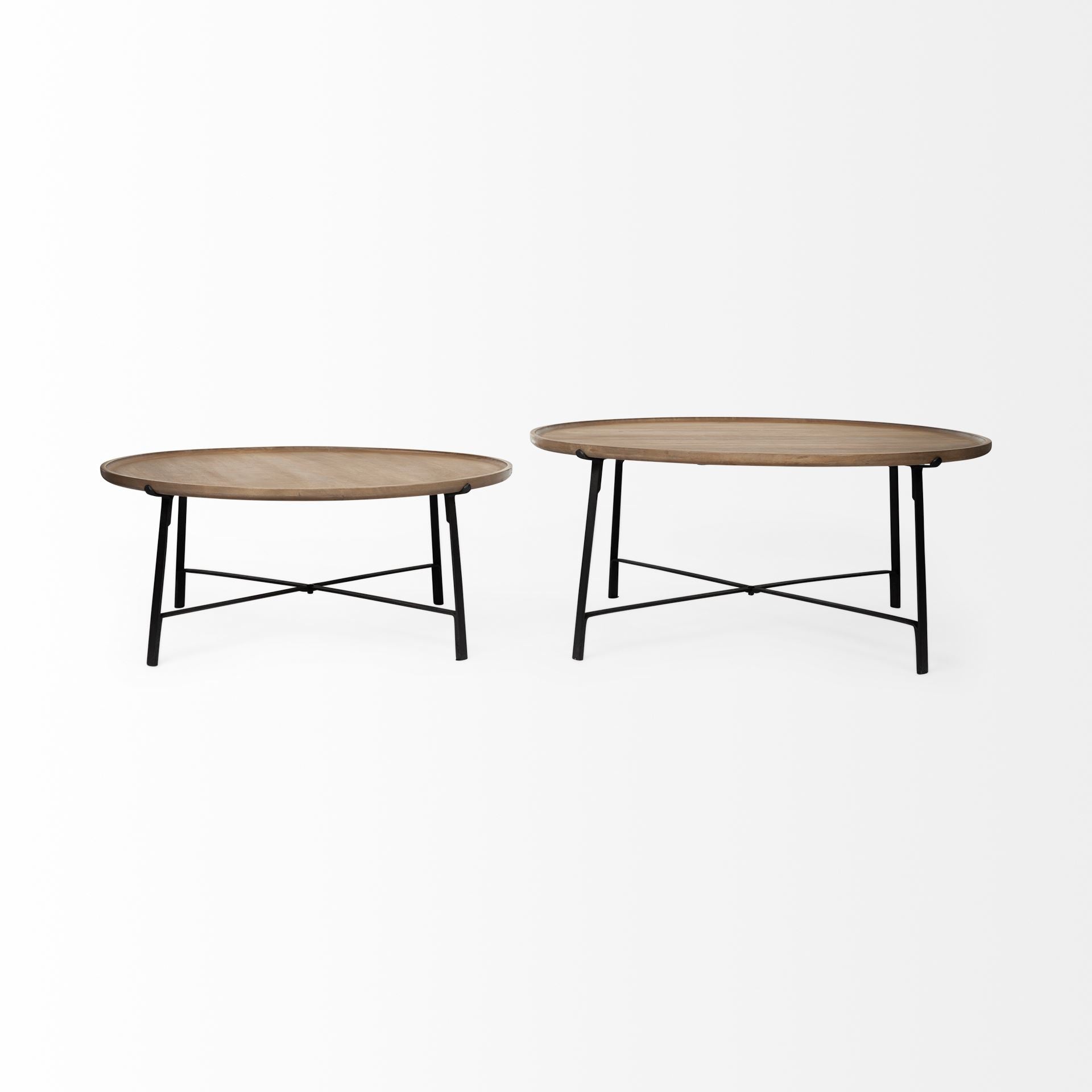 Set of Two Brown and Black Solid Wood and Iron Round Nested Coffee Tables-Coffee Tables-DECOROLALA