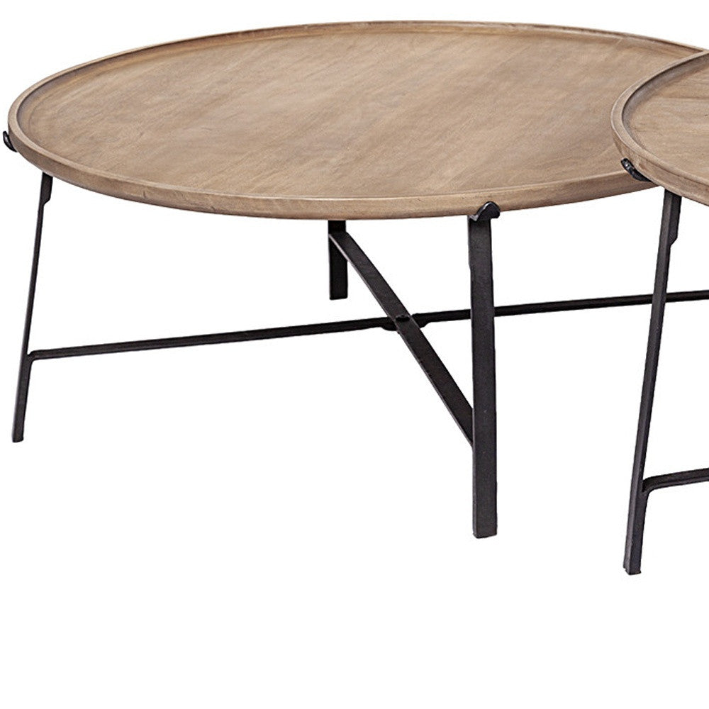 Set of Two Brown and Black Solid Wood and Iron Round Nested Coffee Tables-Coffee Tables-DECOROLALA