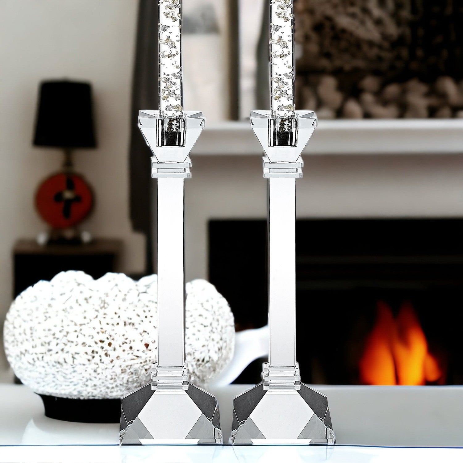 Set of Two Clear Crystal Tabletop Candle Holders-Candle Holders-DECOROLALA