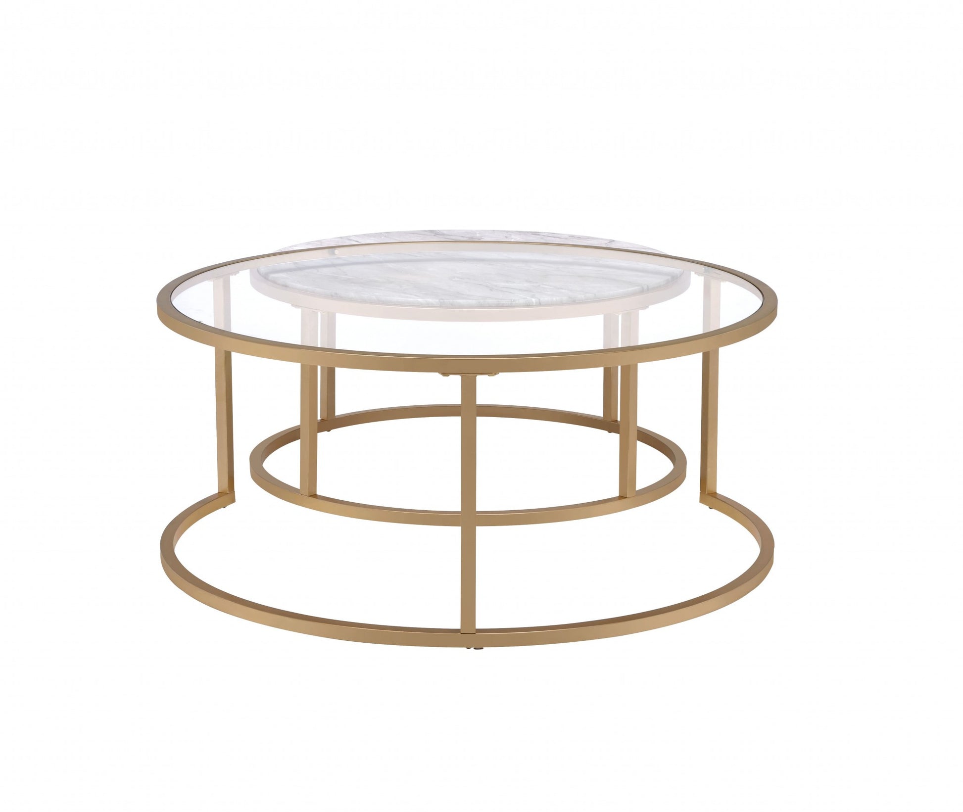Set of Two Clear White and Gold Glass And Faux Marble And Iron Round Frame Nested Coffee Tables-Coffee Tables-DECOROLALA
