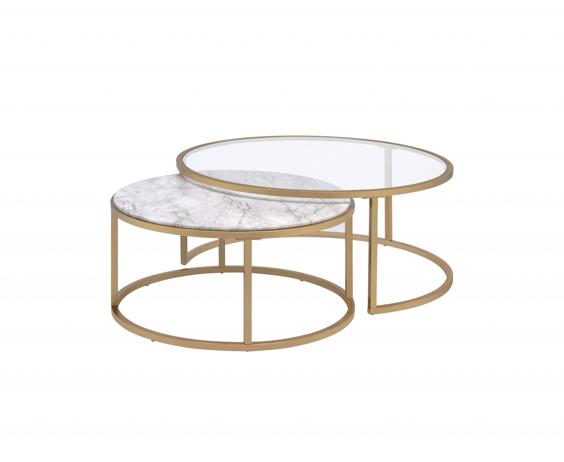 Set of Two Clear White and Gold Glass And Faux Marble And Iron Round Frame Nested Coffee Tables-Coffee Tables-DECOROLALA