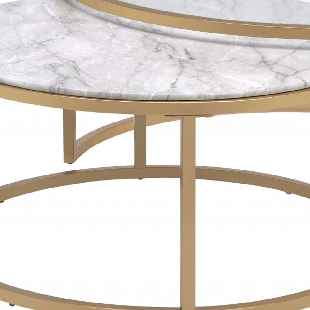 Set of Two Clear White and Gold Glass And Faux Marble And Iron Round Frame Nested Coffee Tables-Coffee Tables-DECOROLALA