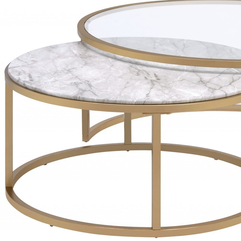 Set of Two Clear White and Gold Glass And Faux Marble And Iron Round Frame Nested Coffee Tables-Coffee Tables-DECOROLALA