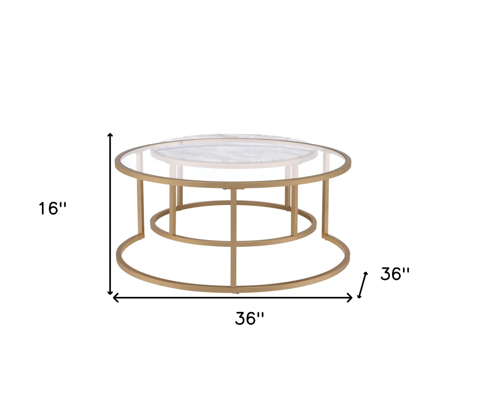 Set of Two Clear White and Gold Glass And Faux Marble And Iron Round Frame Nested Coffee Tables-Coffee Tables-DECOROLALA