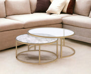 Set of Two Clear White and Gold Glass And Faux Marble And Iron Round Frame Nested Coffee Tables-Coffee Tables-DECOROLALA
