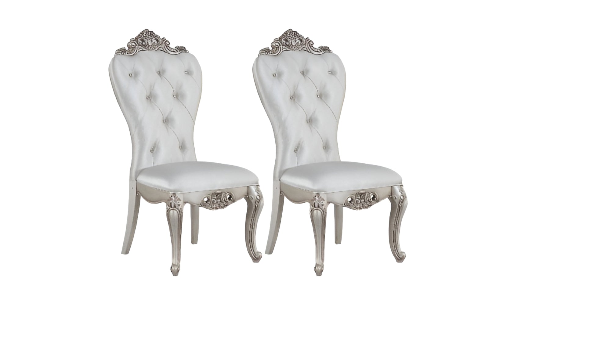 Set of Two Cream and Antiqued White Upholstered Fabric Queen Anne Back Dining Side Chairs-Dining Chairs-DECOROLALA
