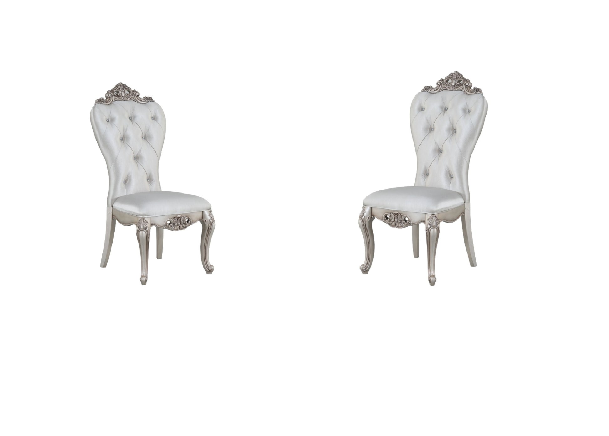 Set of Two Cream and Antiqued White Upholstered Fabric Queen Anne Back Dining Side Chairs-Dining Chairs-DECOROLALA