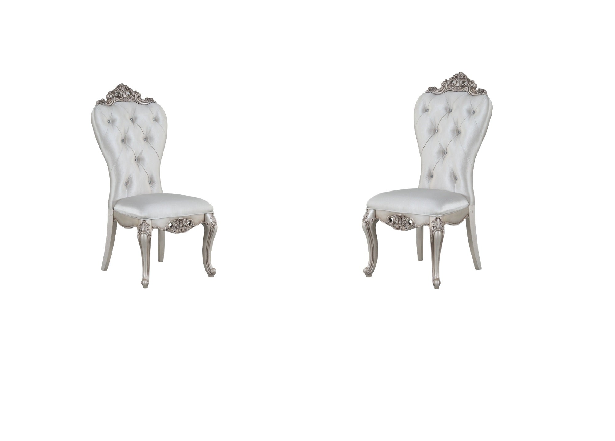 Set of Two Cream and Antiqued White Upholstered Fabric Queen Anne Back Dining Side Chairs-Dining Chairs-DECOROLALA