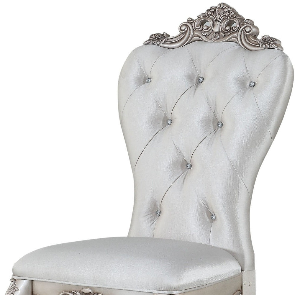 Set of Two Cream and Antiqued White Upholstered Fabric Queen Anne Back Dining Side Chairs-Dining Chairs-DECOROLALA