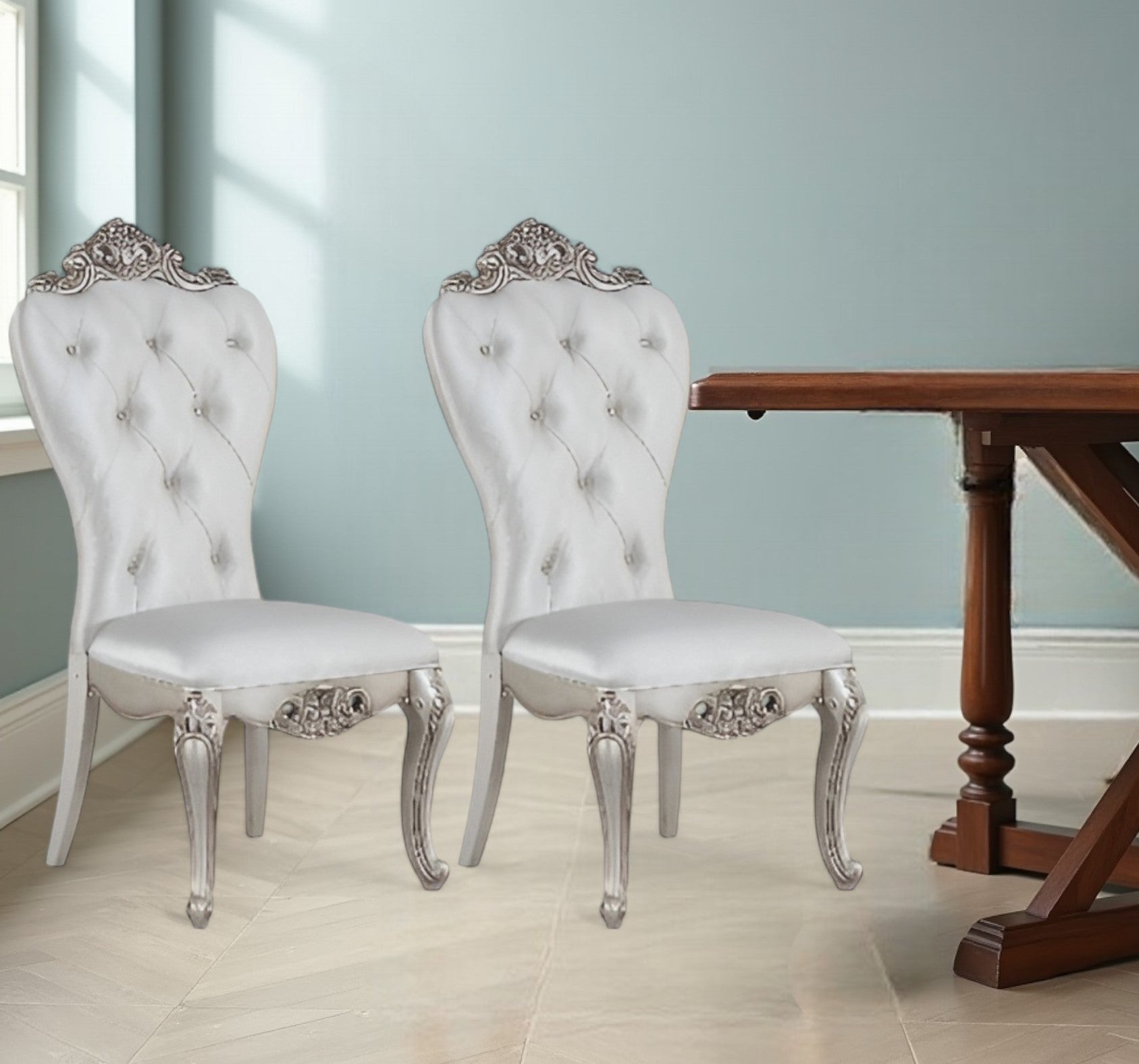 Set of Two Cream and Antiqued White Upholstered Fabric Queen Anne Back Dining Side Chairs-Dining Chairs-DECOROLALA