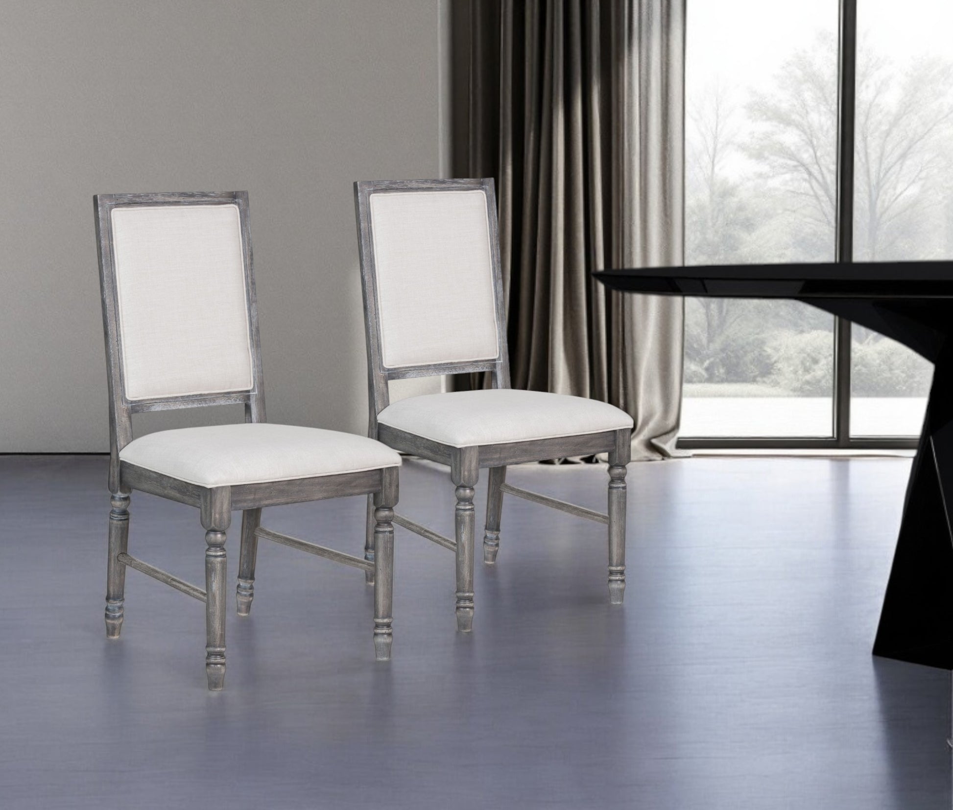 Set of Two Cream and Gray Upholstered Linen Dining Side Chairs-Dining Chairs-DECOROLALA