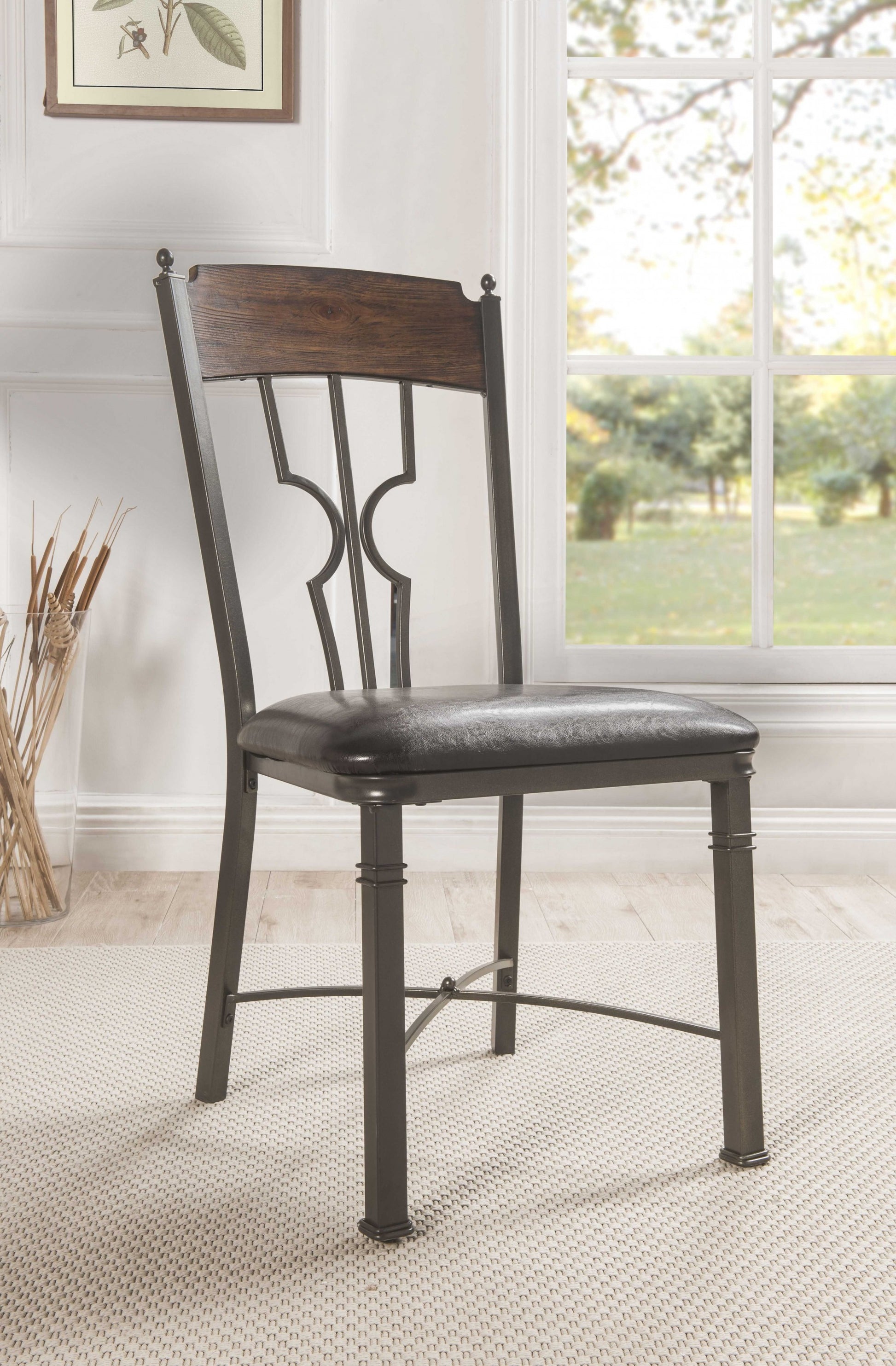 Set of Two Espresso And Bronze Upholstered Faux Leather Windsor Back Dining Side Chairs-Dining Chairs-DECOROLALA