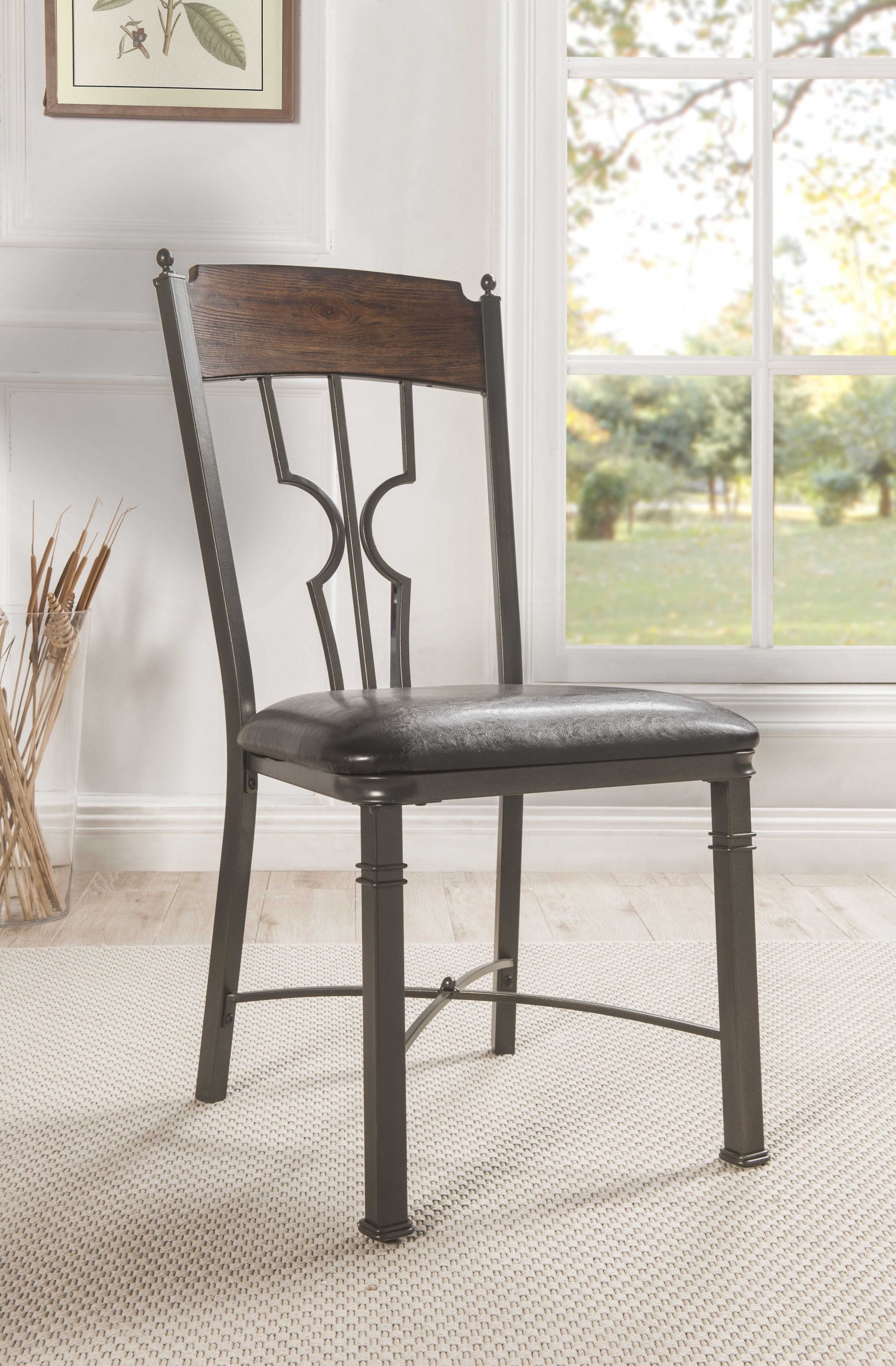 Set of Two Espresso And Bronze Upholstered Faux Leather Windsor Back Dining Side Chairs-Dining Chairs-DECOROLALA