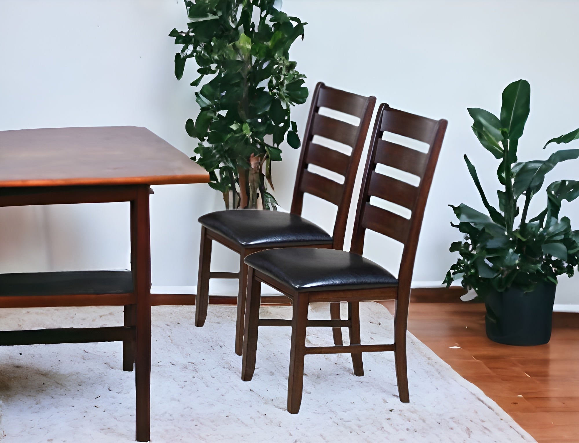 Set of Two Espresso And Brown Upholstered Faux Leather Ladder Back Dining Side Chairs-Dining Chairs-DECOROLALA