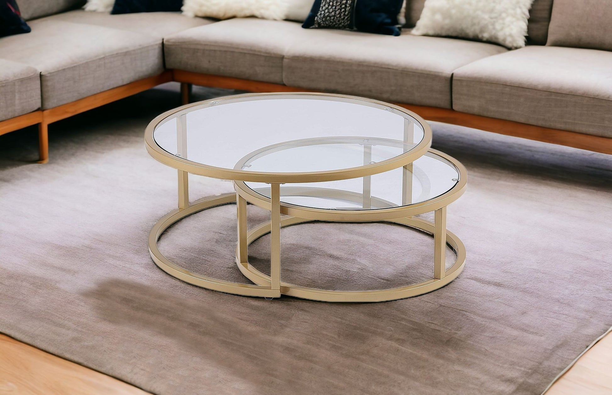 Set of Two Gold Glass Round Nested Coffee Tables-Coffee Tables-DECOROLALA