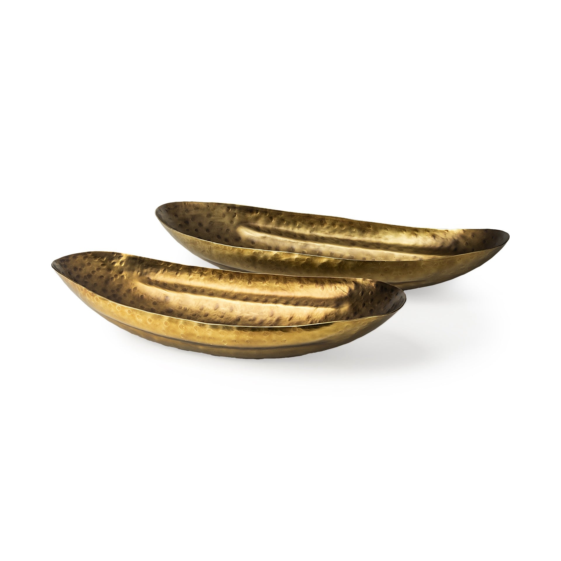 Set of Two Gold Hammered Metal Boat Shaped Decorative Bowls-Sculptures-DECOROLALA