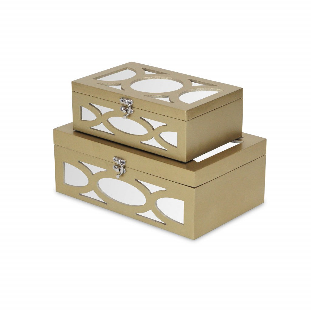 Set of Two Gold Oval Scroll Mirror Jewelry Storage Boxes-Organizers-DECOROLALA