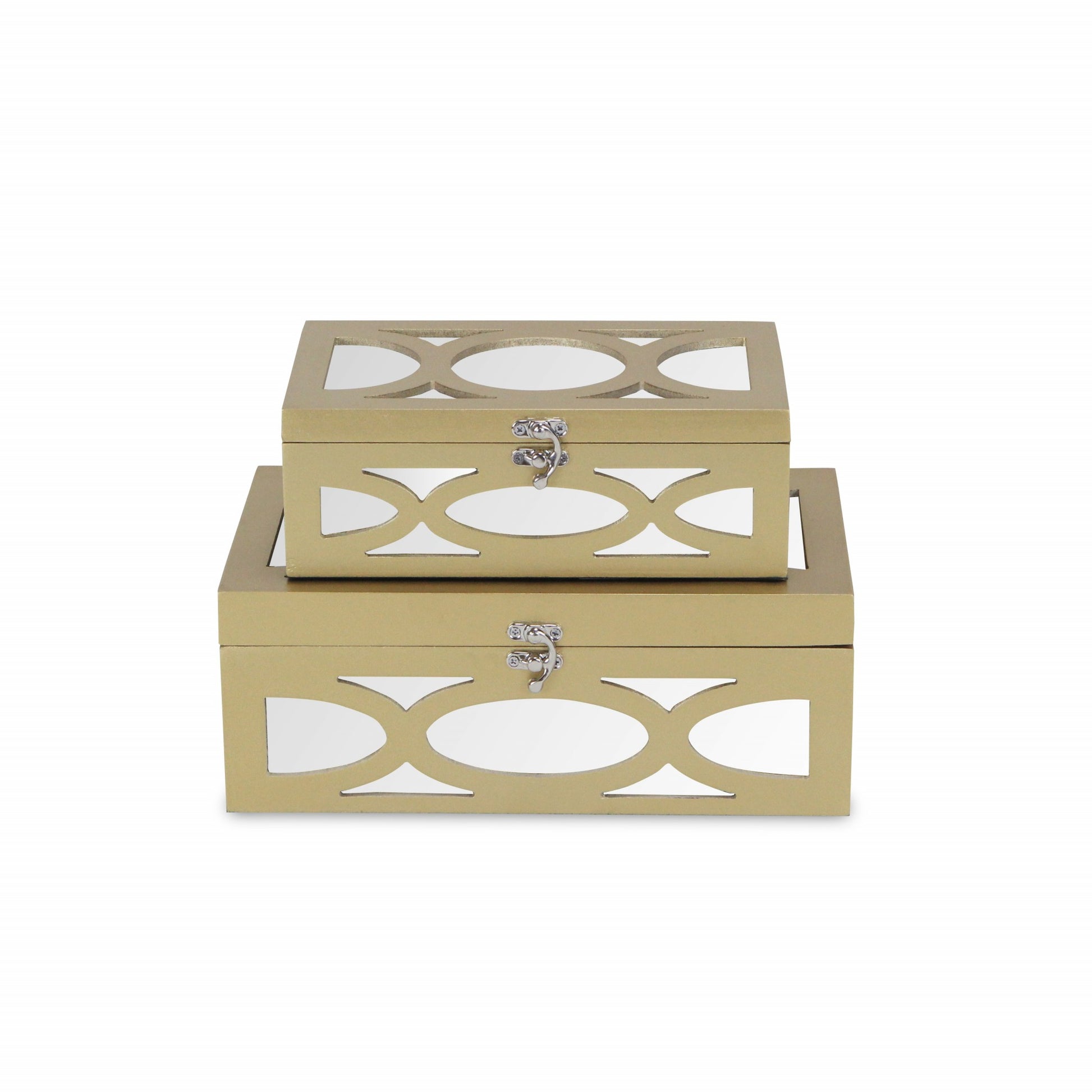 Set of Two Gold Oval Scroll Mirror Jewelry Storage Boxes-Organizers-DECOROLALA